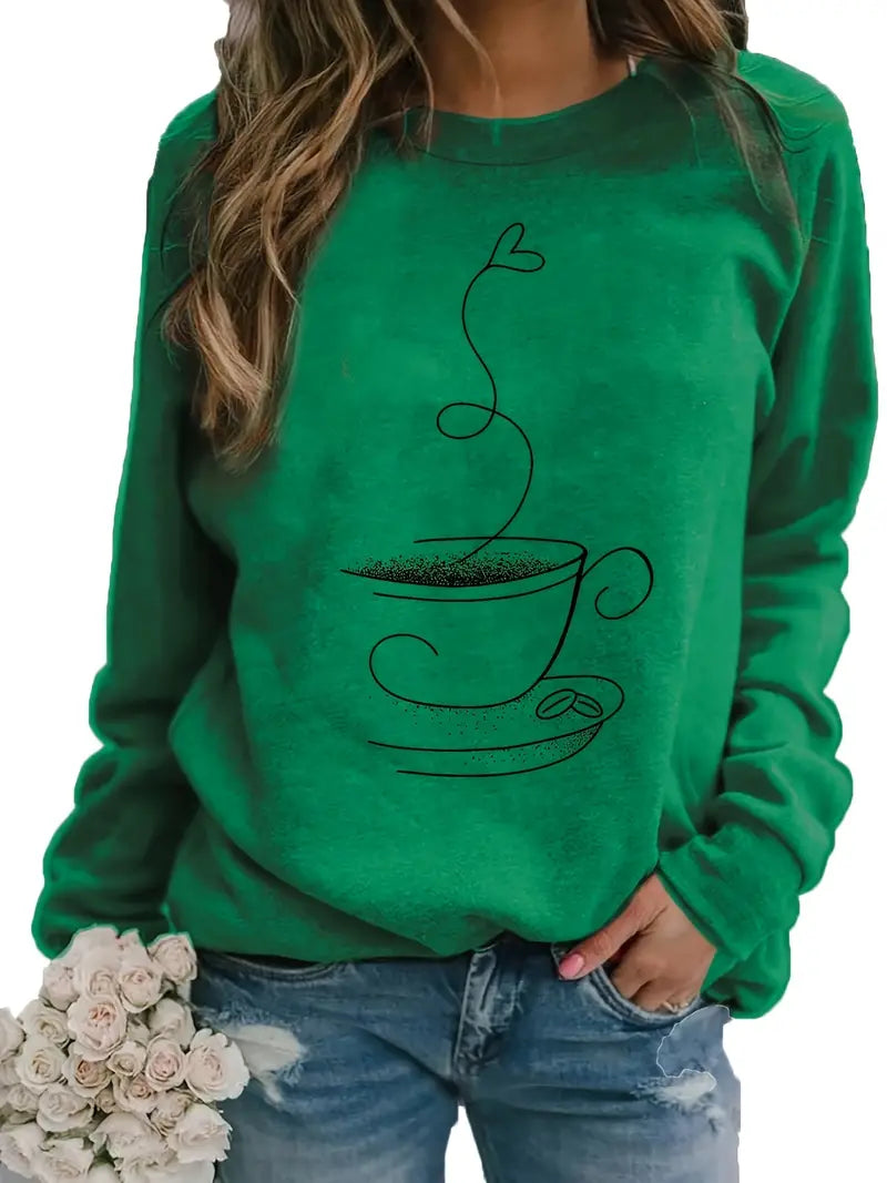 Eveloria Damen Sweatshirt Kaffee Grafik Baumwolle Beige