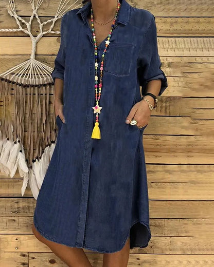 Eveloria Damen Jeans Midi-Kleid mit Umgeschlagenen Ärmeln und
