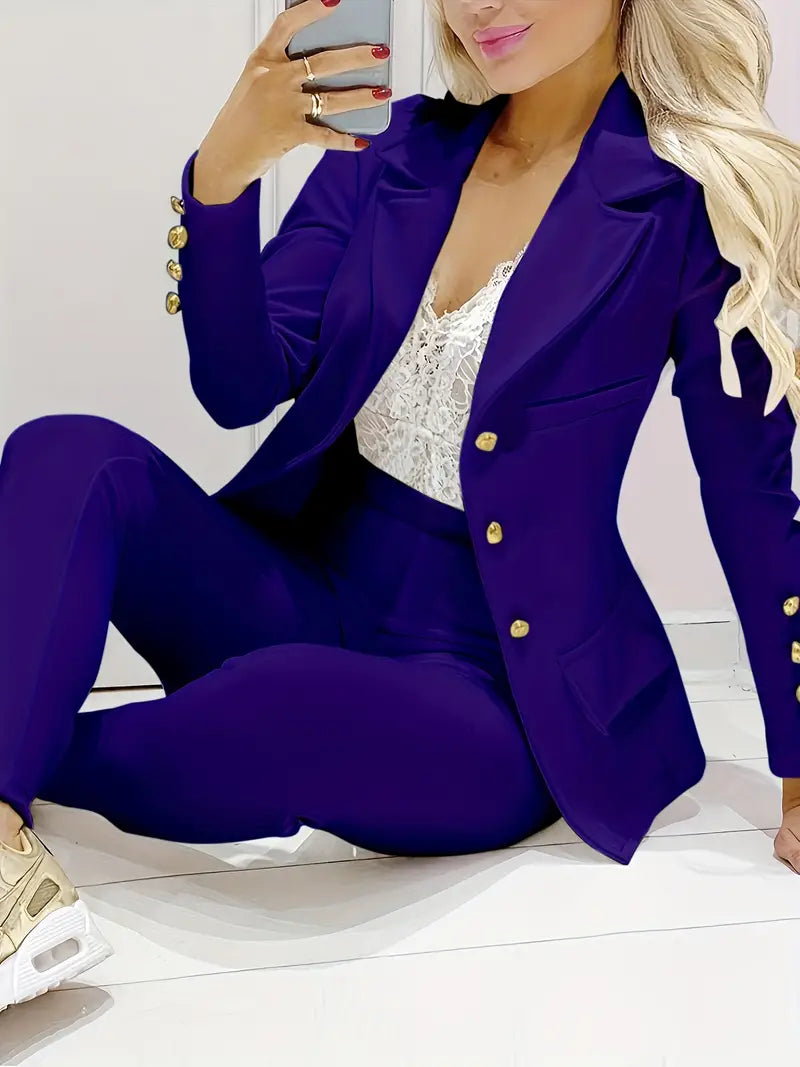 Eveloria Damen Doppelreihiger Blazer Slim Fit Hose
