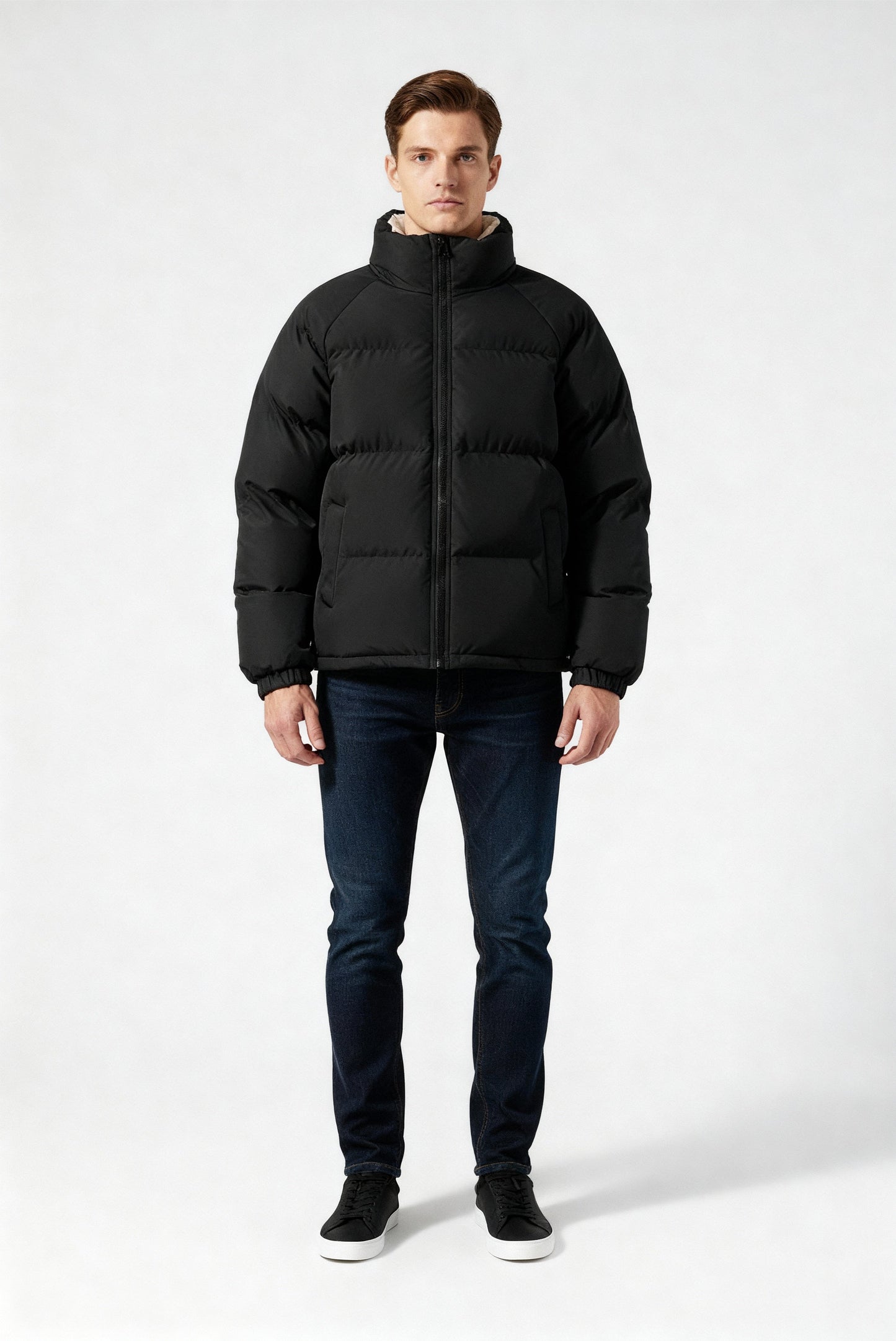 Herren Fleece-Pufferjacke Mit Kapuze Warm Schwarz - Eveloria