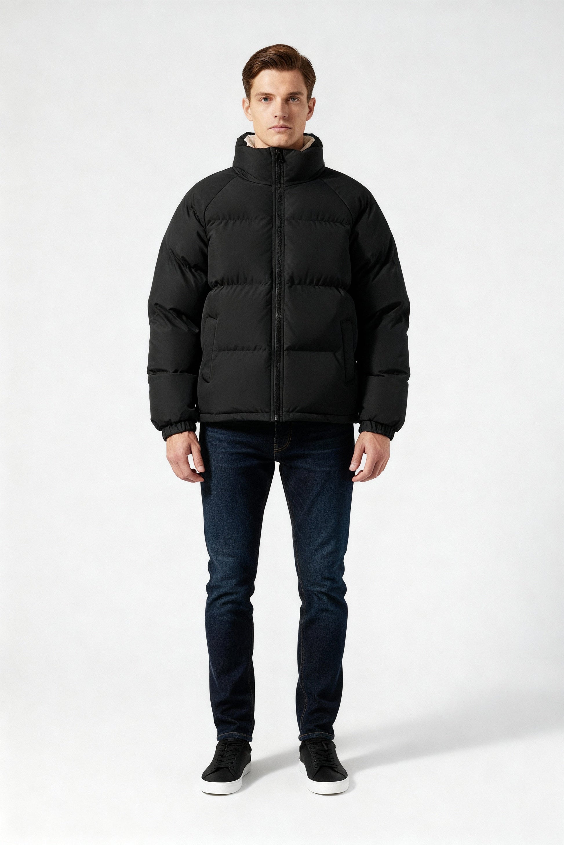 Herren Fleece-Pufferjacke Mit Kapuze Warm Schwarz - Eveloria