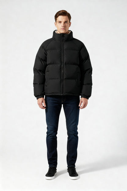 Herren Fleece-Pufferjacke Mit Kapuze Warm Schwarz - Eveloria