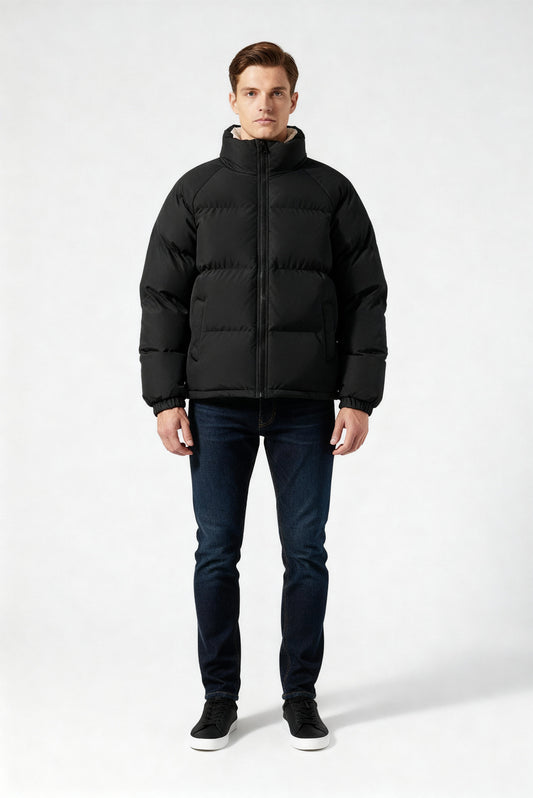 Herren Fleece-Pufferjacke Mit Kapuze Warm Schwarz - Eveloria
