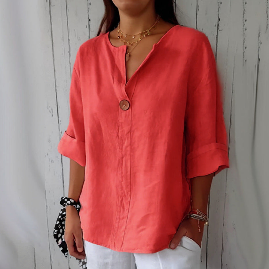 Damen Baumwoll T-Shirt V-Ausschnitt mit Knöpfen Leicht Beige