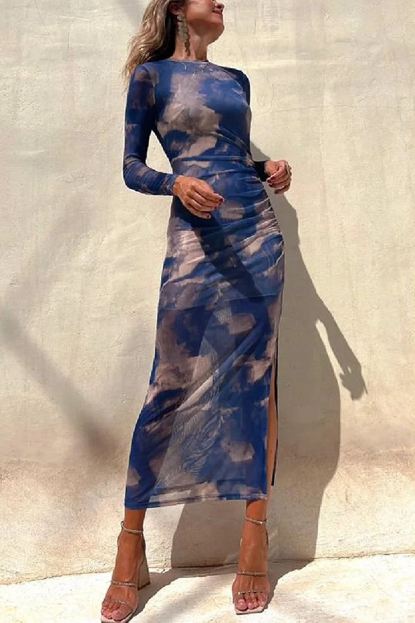 Damen Midi Kleid Langarm Rüsch Mesh Stretch Charm Lady Tie Dye