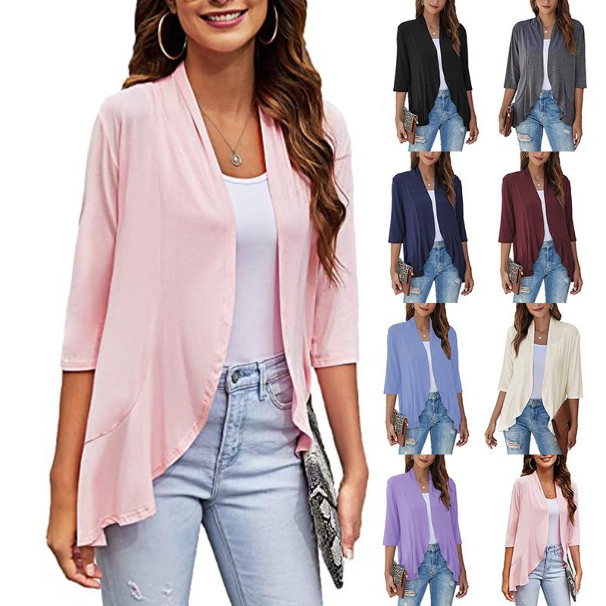 Eveloria Damen Strickjacke Einfarbig 7/8 Ärmel Rüschenrand - Eveloria