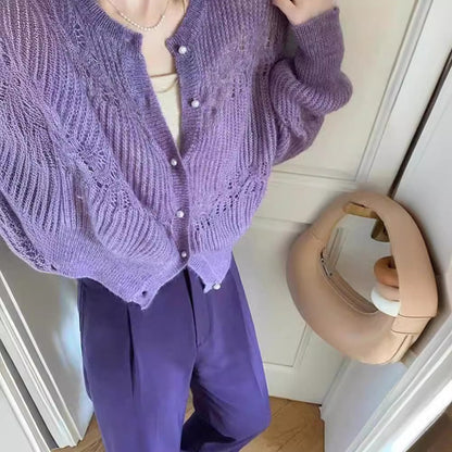 Damen Lila Langarm-Strickcardigan
