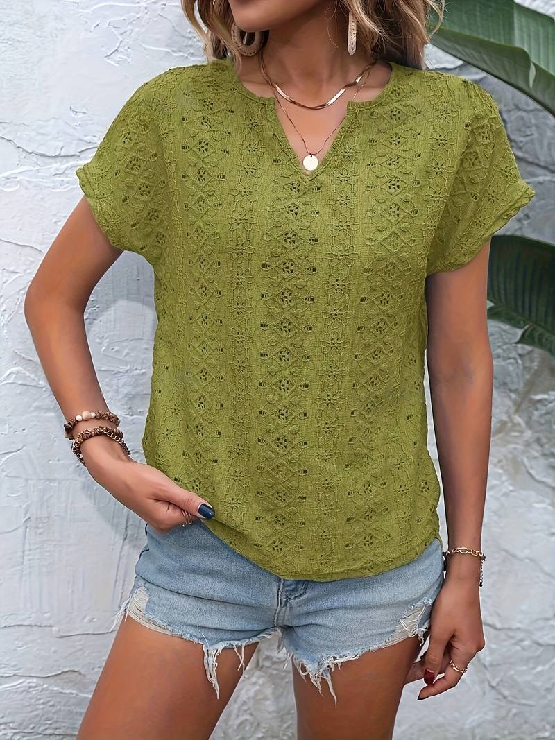 Eveloria Damen T-Shirt Eingekerbter Ausschnitt Lochstickerei