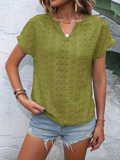 Eveloria Damen T-Shirt Eingekerbter Ausschnitt Lochstickerei