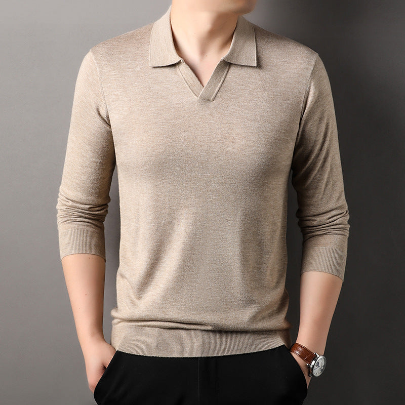 Herren V-Ausschnitt Polo-Shirt Langarm Baumwolle Weiß