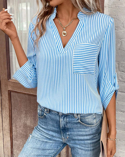 Eveloria Damen gestreiftes V-Ausschnitt Shirt mit Brusttasche