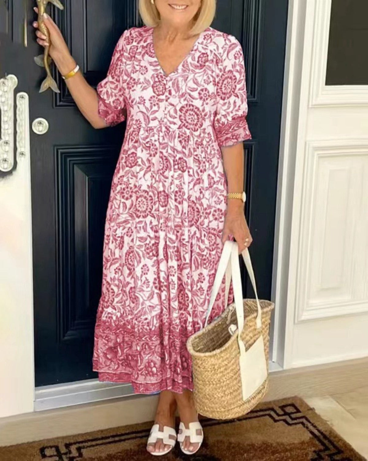 Eveloria Damen Kleid V-Ausschnitt Print Übergröße