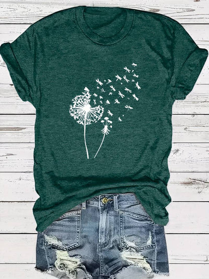 Eveloria Damen T-Shirt Löwenzahn-Print Rundhals Weiss