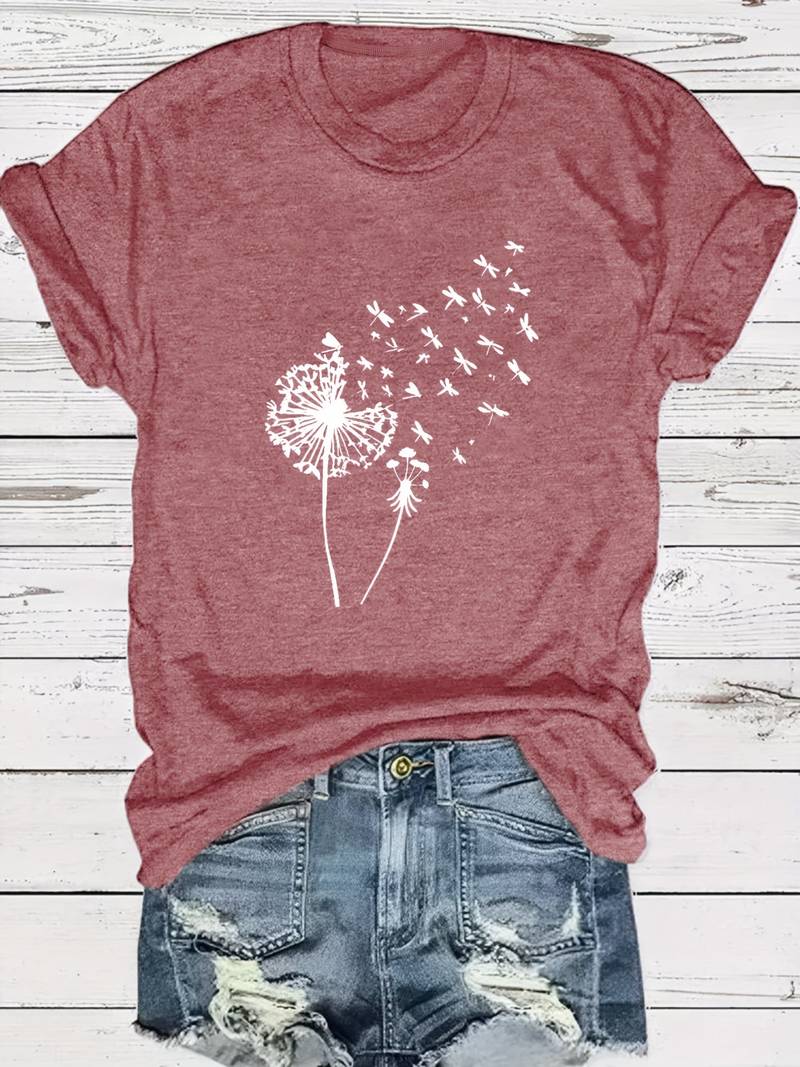 Eveloria Damen T-Shirt Löwenzahn-Print Rundhals Weiss