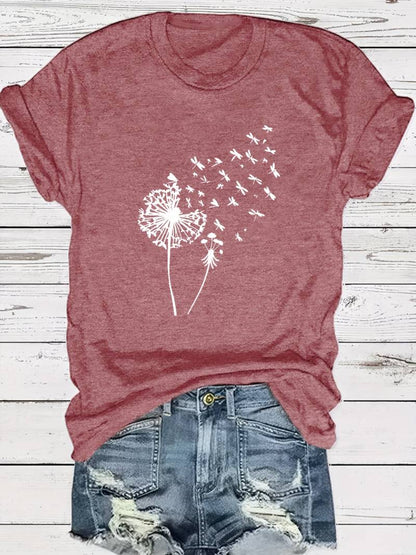 Eveloria Damen T-Shirt Löwenzahn-Print Rundhals Weiss
