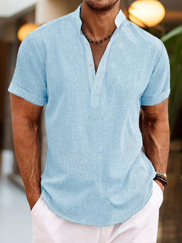 Herren Kurzarm Henley-Shirt Casual Baumwolle Weiß