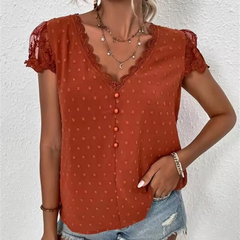 Damen Bluse V-Ausschnitt Spitzen-Details Elegante Weiß