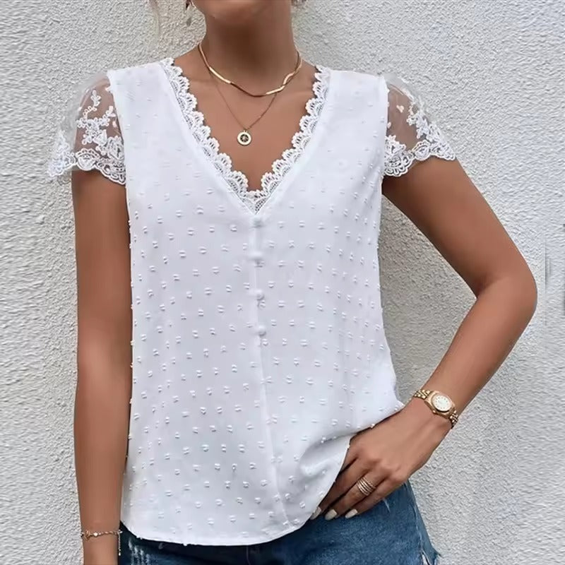 Damen Bluse V-Ausschnitt Spitzen-Details Elegante Weiß
