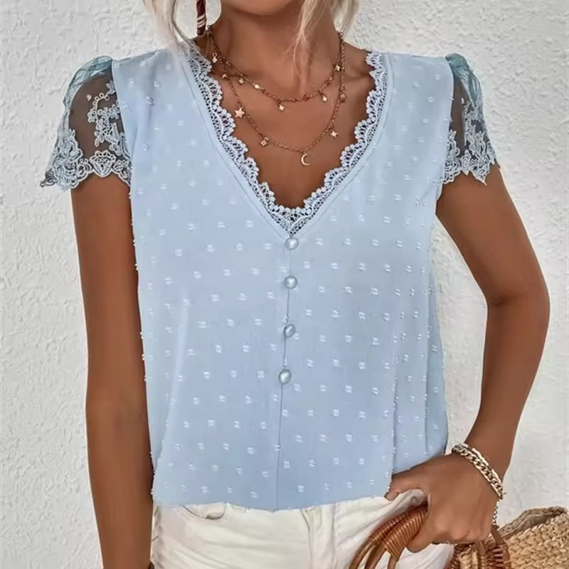 Damen Bluse V-Ausschnitt Spitzen-Details Elegante Weiß - Eveloria