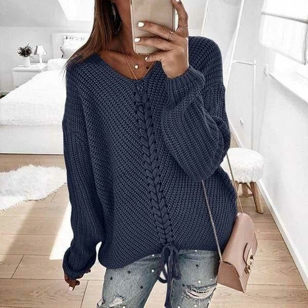 Damen Strickpullover Spitzen-Detail V-Ausschnitt