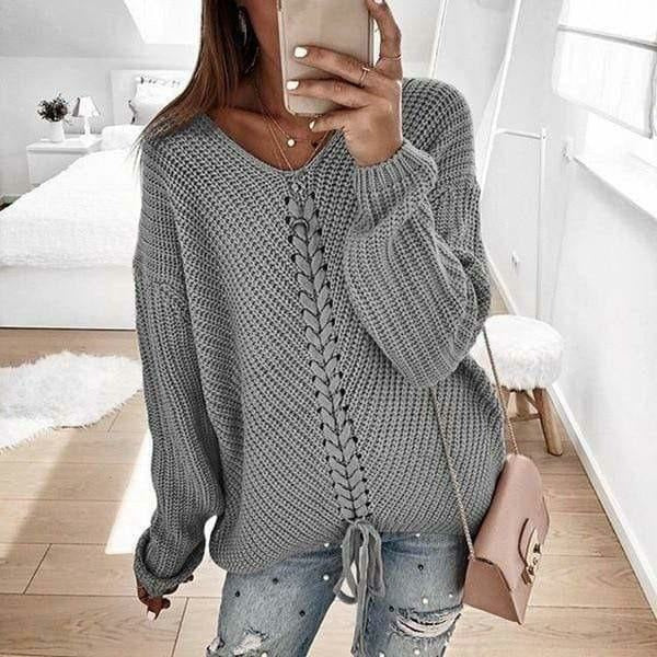 Damen Strickpullover Spitzen-Detail V-Ausschnitt