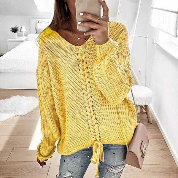 Damen Strickpullover Spitzen-Detail V-Ausschnitt