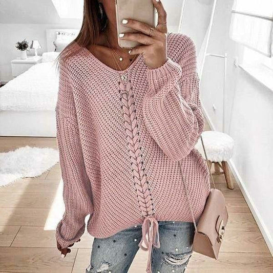 Damen Strickpullover Spitzen-Detail V-Ausschnitt - Eveloria