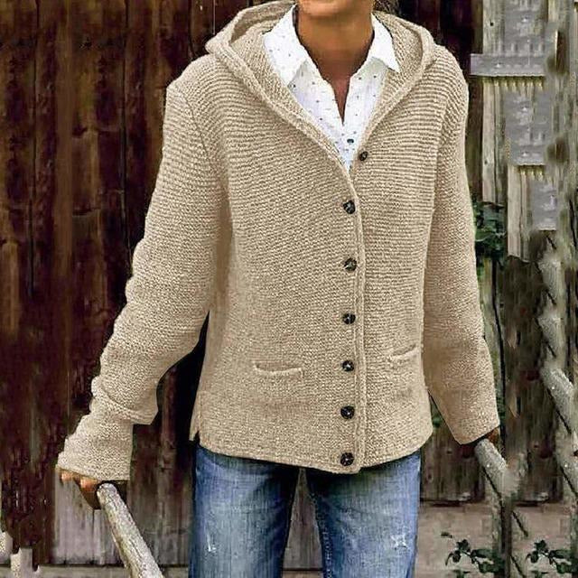 Damen Strickcardigan mit Kapuze und Knöpfen Beige