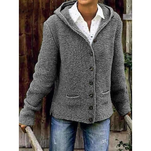 Damen Strickcardigan mit Kapuze und Knöpfen Beige