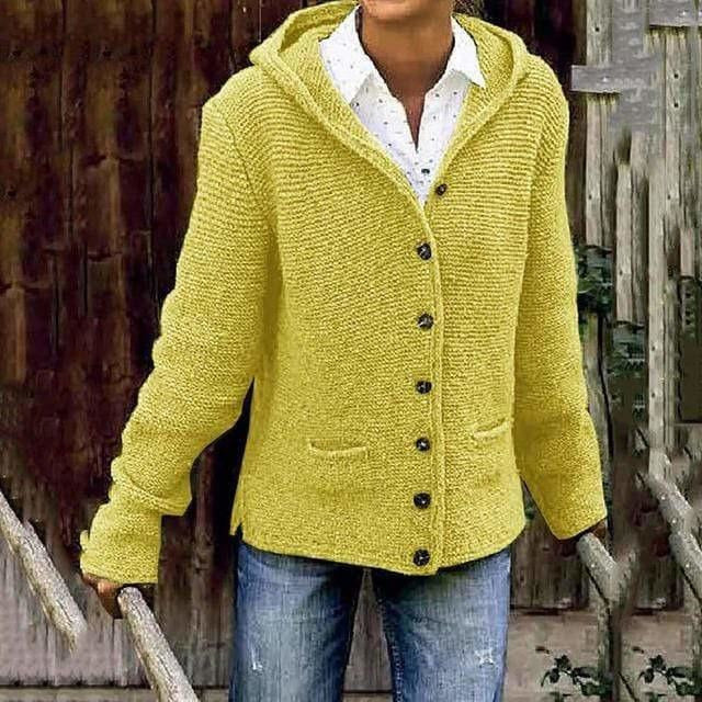 Damen Strickcardigan mit Kapuze und Knöpfen Beige