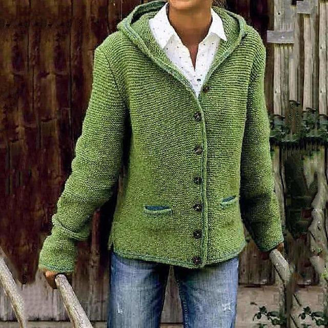 Damen Strickcardigan mit Kapuze und Knöpfen Beige - Eveloria