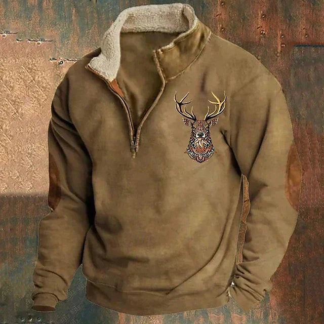 Herren Fleece Pullover Warm Stehkragen Reißverschluss Hirsch Stickerei - Eveloria