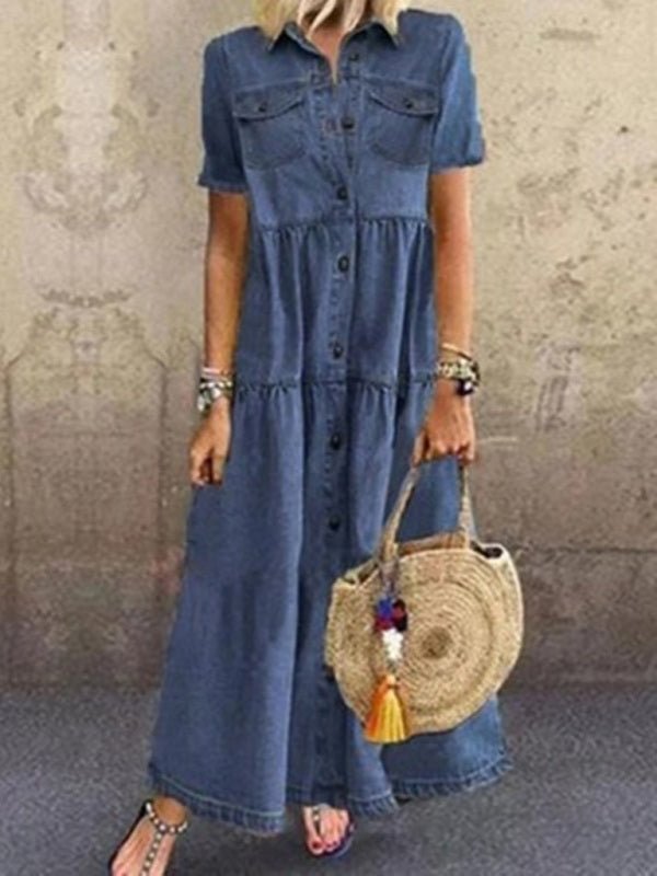 Eveloria Damen Langkleid Denim Mehrknöpfe Verwüstet Blau