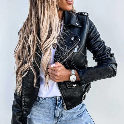 Damen Lederjacke Übergangsjacke Robust Schwarz - Eveloria