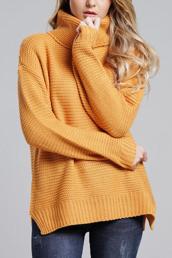 Damen Grobstrickpullover Rollkragen Langer Ärmel Uni-Farbe