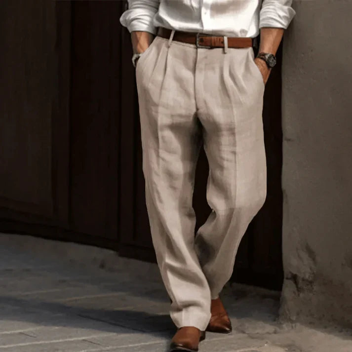 Herren Leinenhose Lockerer Schnitt Einfarbig Beige