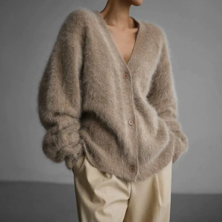 Damen Strickjacke Warm Kuschelig Beige - Eveloria