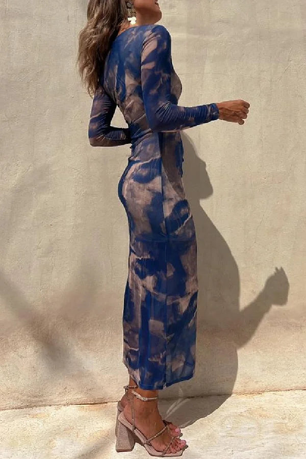 Damen Midi Kleid Langarm Rüsch Mesh Stretch Charm Lady Tie Dye