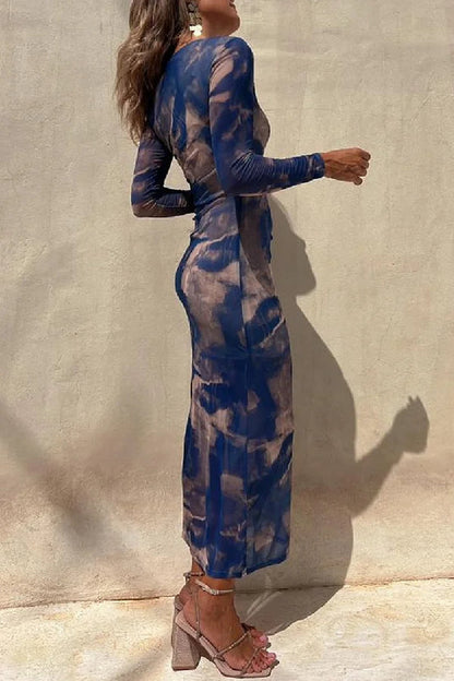 Damen Midi Kleid Langarm Rüsch Mesh Stretch Charm Lady Tie Dye