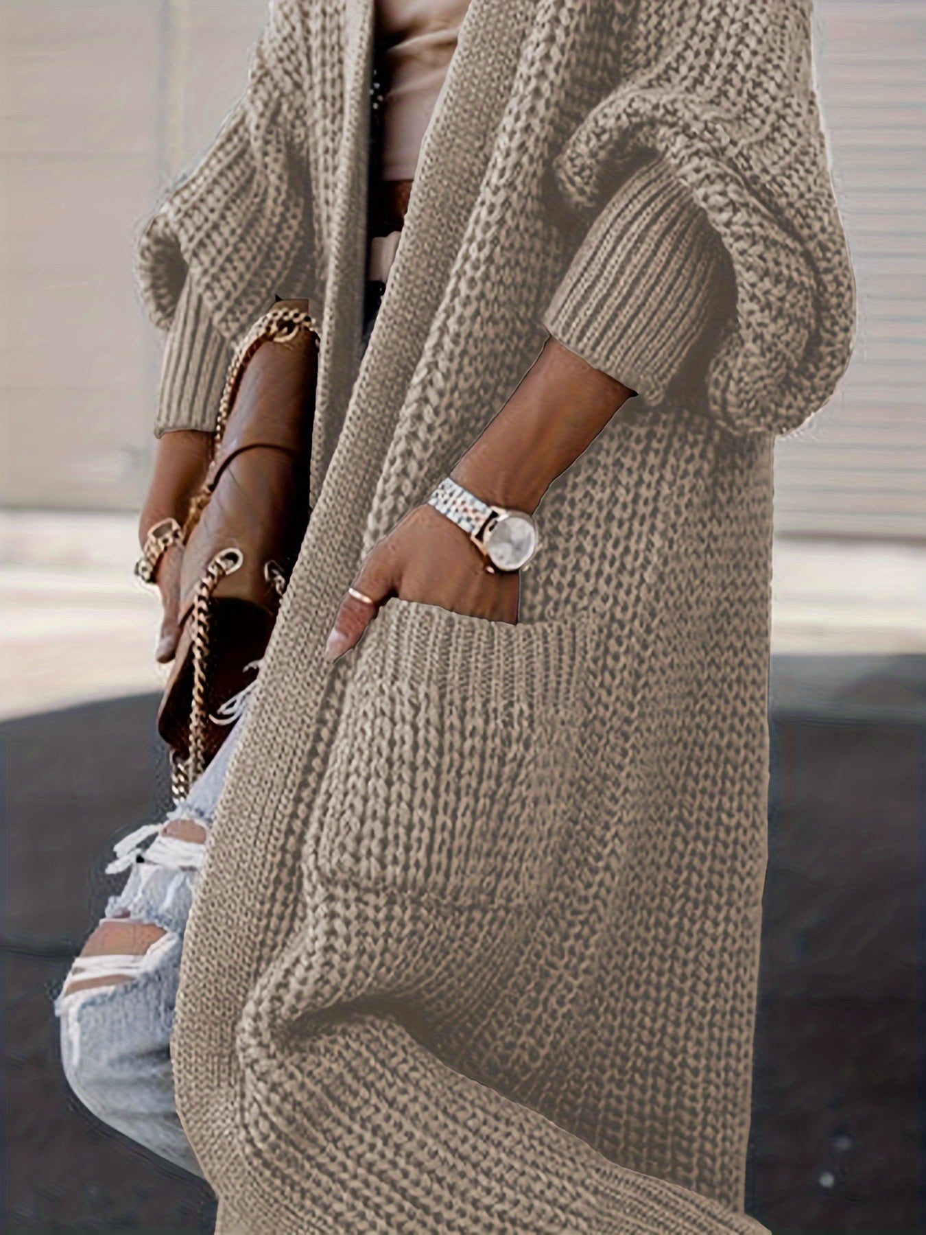 Damen Strickcardigan Wolle Taschen Beige
