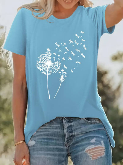 Eveloria Damen T-Shirt Löwenzahn-Print Rundhals Weiss