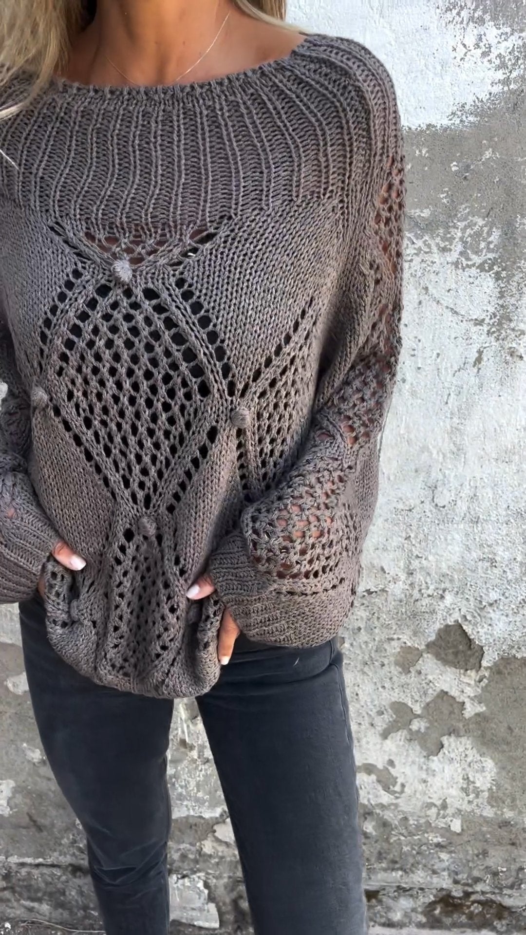 Brenneth Damen Langarm-Stricktop Rundhalsausschnitt Hohldesign