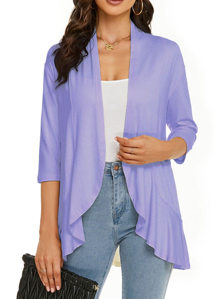 Eveloria Damen Strickjacke Einfarbig 7/8 Ärmel Rüschenrand