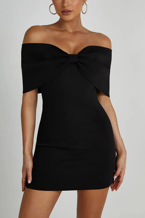 Damen Minikleid Schulterfrei Schleifendetail