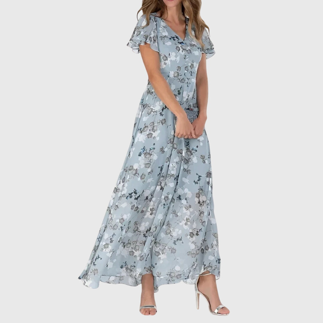 Damen Maxi Kleid V-Ausschnitt Blumenmuster