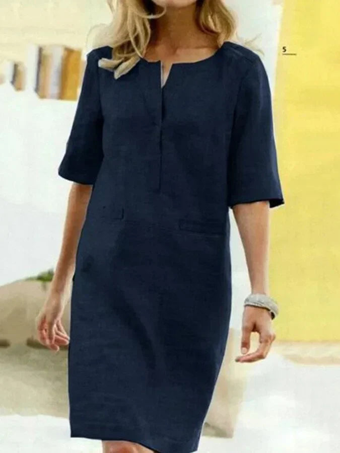 Damen Kurzarm Kleid Baumwolle Leinen Beige