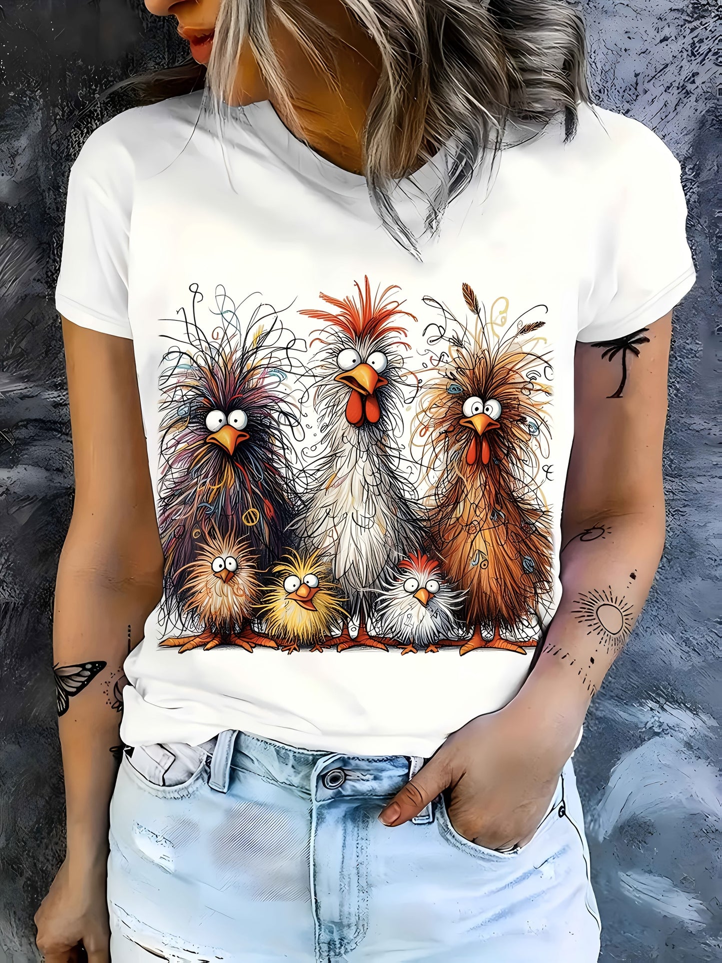 Damen T-Shirt mit Hühnerdruck Rundhalsausschnitt Kurze Ärmel Lässig