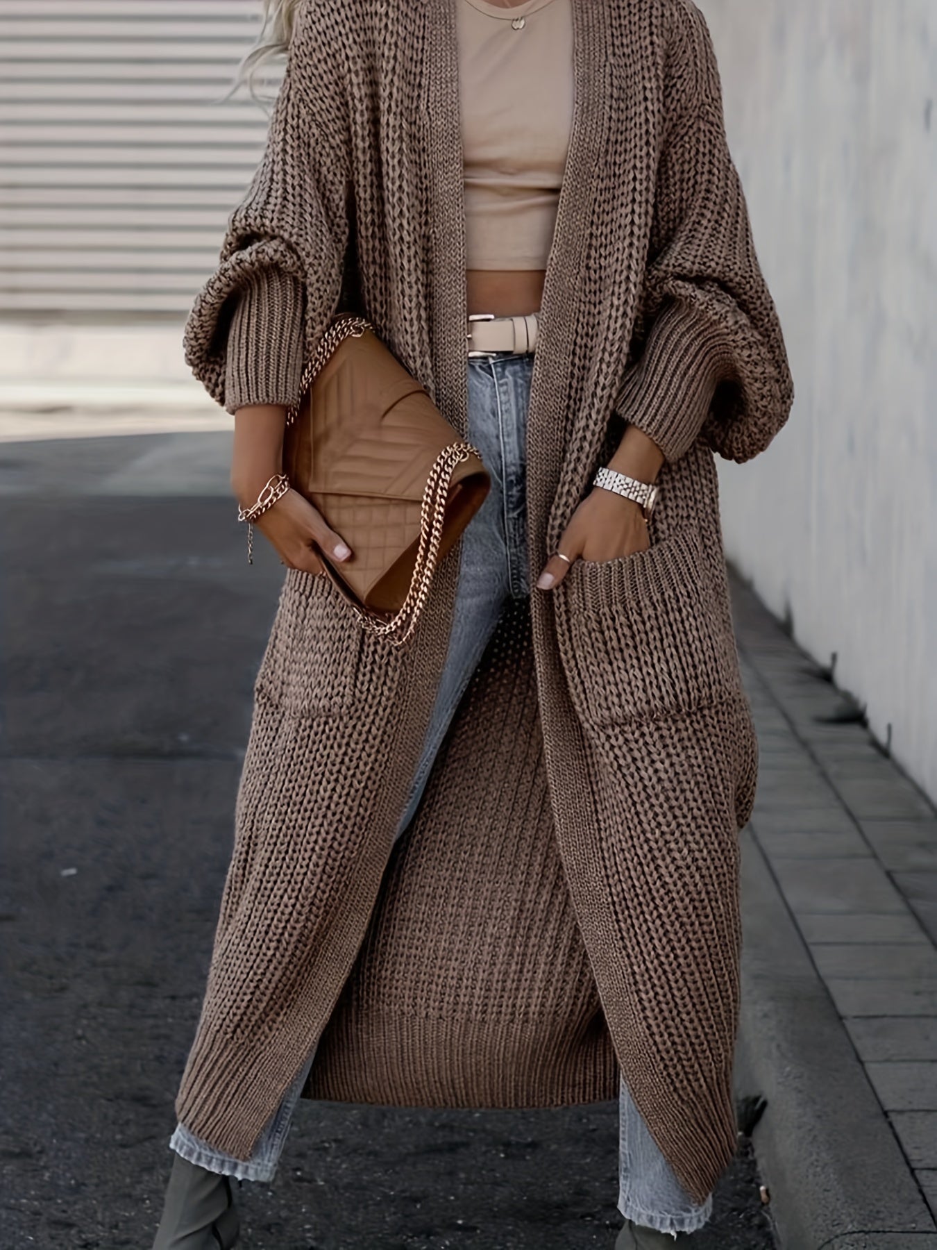 Damen Strickcardigan Wolle Taschen Beige