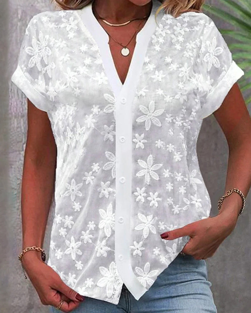 Eveloria Damen Bluse Kurzärmelig Blumenmuster V-Ausschnitt