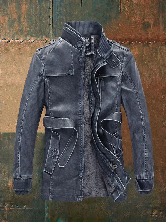 Herren Lederlook Mantel Lang Vintage Stil